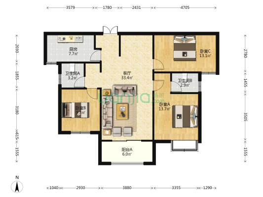 富强世纪城 3室1厅2卫 126平方