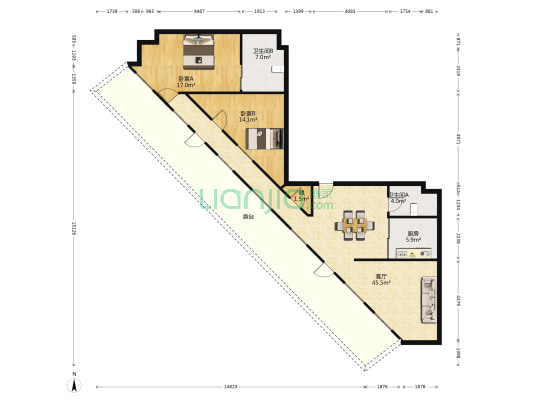 汇都湖畔大厦 2室1厅2卫 75平方