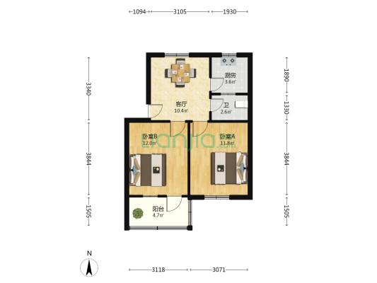 城北路285号 2室1厅1卫 54平方