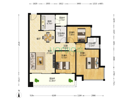 兰亭叙 3室1厅2卫 105平方