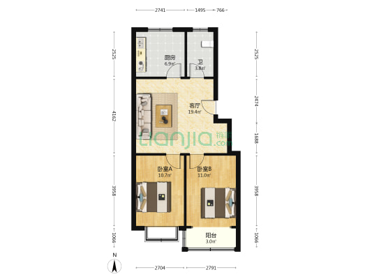 环球专家公寓 2室1厅1卫 72平方