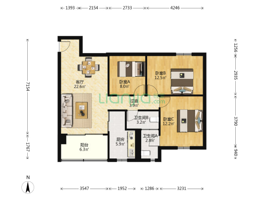 华景新城绿茵居 3室1厅2卫 93平方