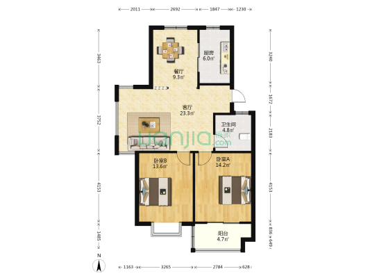唐龍家園 2室2厅1卫 86平方