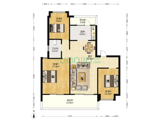 碧桂园翡翠天境 3室1厅1卫 119平方