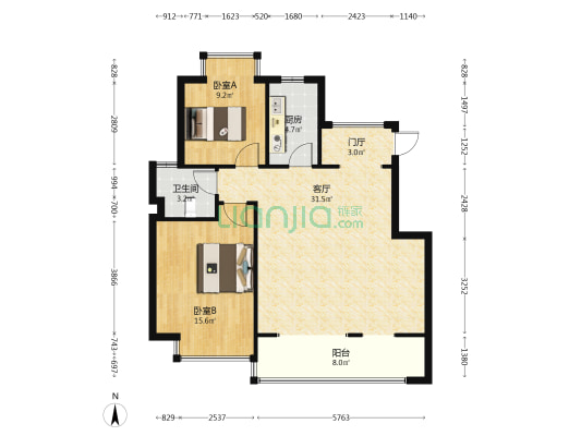 保利自在海 2室1厅1卫 91平方