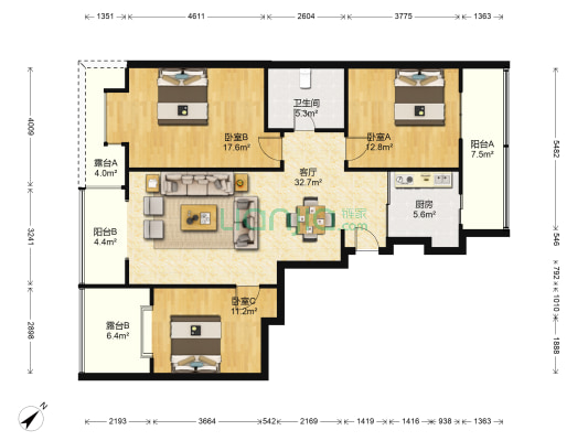 海峰公寓 3室1厅1卫 121平方