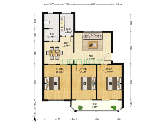 国土局居民楼 3室2厅1卫 114平方