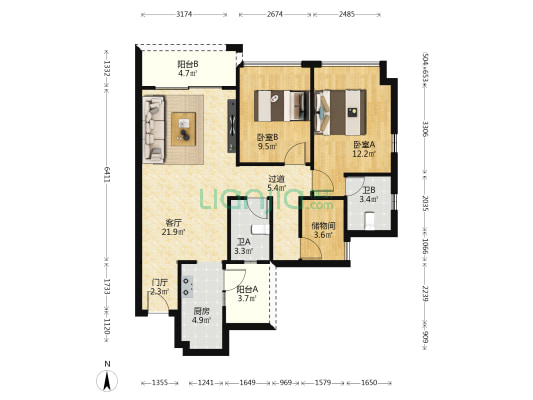 乐翠轩 2室1厅2卫 87平方
