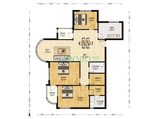 凤凰大厦 3室2厅2卫 163平方