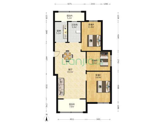 双鑫家园 3室1厅1卫 115平方