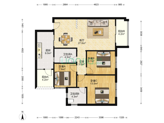 美丽蓝湾四期 3室1厅2卫 102平方