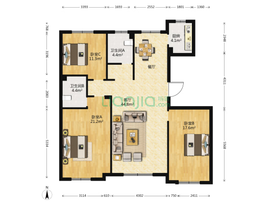 春城雅苑 3室1厅2卫 144平方