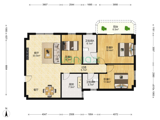 五州大厦 3室1厅2卫 135平方
