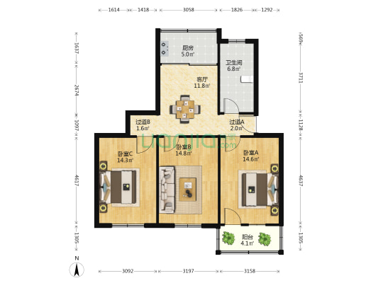 阜南路155号 3室1厅1卫 89平方