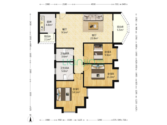 丽景花园 3室2厅2卫 108平方