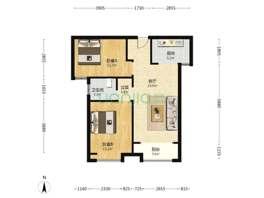 明月润园 2室1厅1卫 89平方