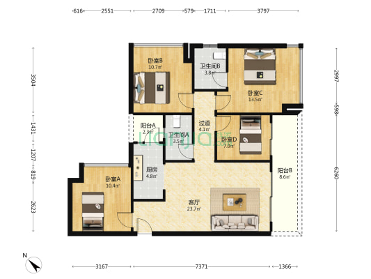 爱普新鸿府 4室1厅2卫 111平方