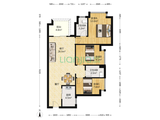 万科中天城市花园 3室1厅2卫 93平方