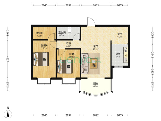 万聚凯旋城 2室2厅1卫 100平方