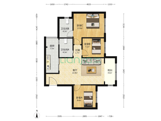 新城金樾长岛 3室1厅2卫 86平方