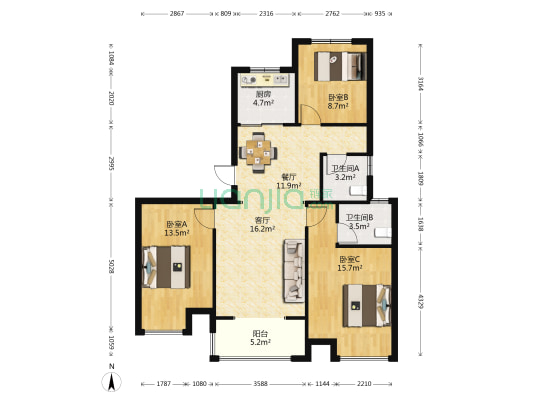 金地·都会之光 3室2厅2卫 103平方