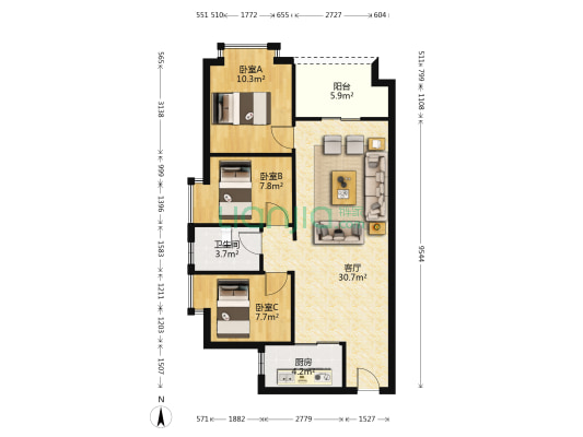 中惠松湖城三期 3室1厅1卫 85平方