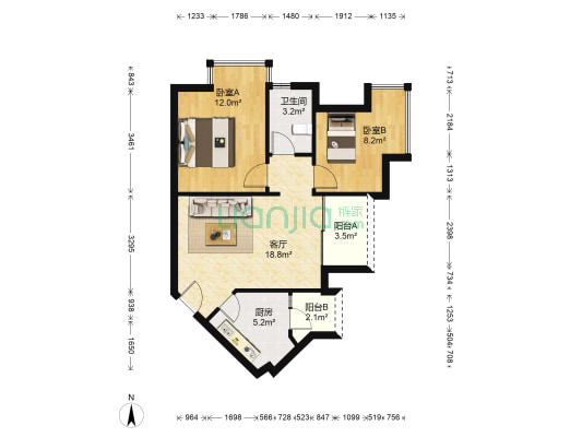 恒福上居 2室1厅1卫 67平方