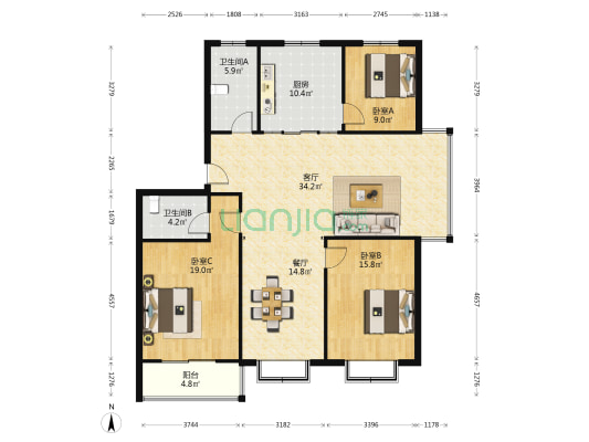 天竺苑 3室2厅2卫 140平方