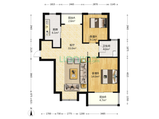 城际风尚花园 2室1厅1卫 89平方