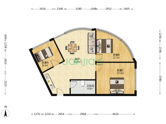 鑫品佳园 3室1厅1卫 132平方
