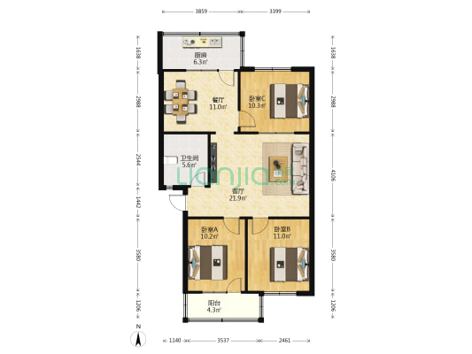 打井队宿舍院 3室2厅1卫 96平方