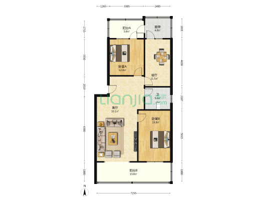 石药宿舍 2室2厅1卫 95平方