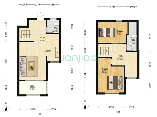正祥福佑里仁 2室1厅2卫 56平方