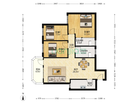 新和大厦 3室1厅2卫 80平方