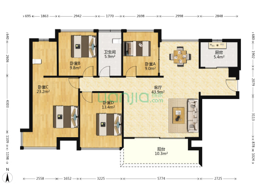 东部·铭座 4室1厅1卫 137平方