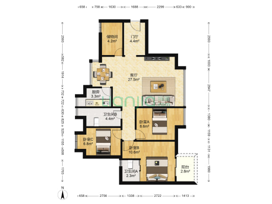 洪湖东岸 3室1厅2卫 93平方