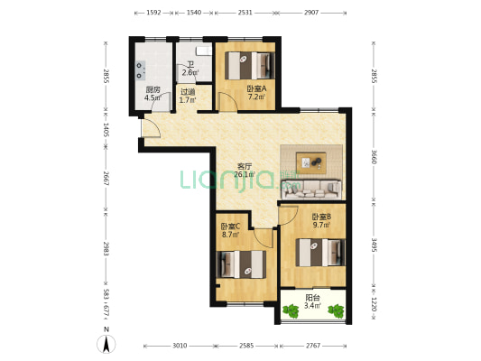 正商兴汉花园 3室1厅1卫 88平方