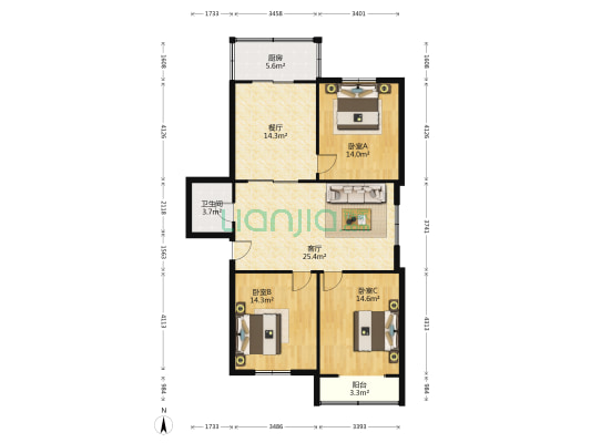 仲夏花园 3室2厅1卫 120平方