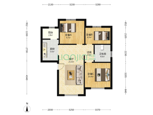 云川里 3室1厅1卫 107平方