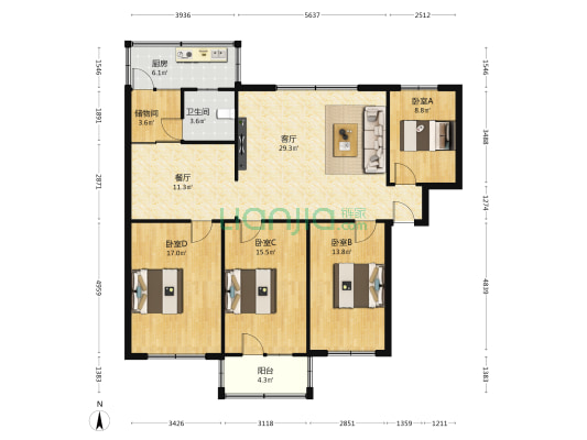 康庄小区西区 4室2厅1卫 137平方