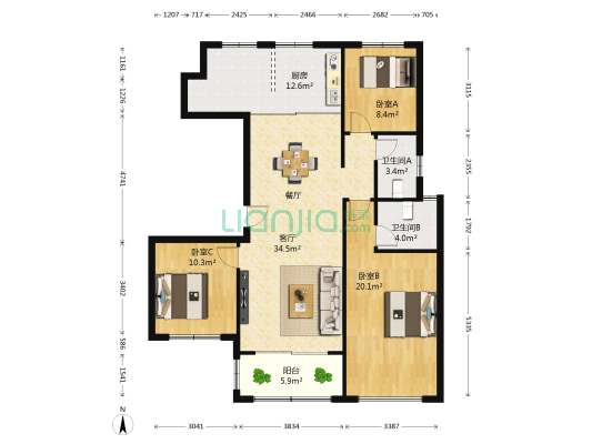 中南锦苑西区 3室1厅2卫 126平方