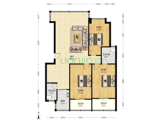 国税局公寓楼 3室1厅2卫 121平方