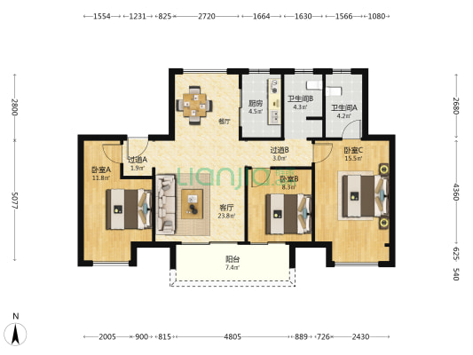 原岸五号院 3室1厅2卫 119平方
