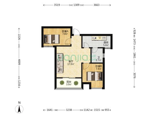 南海花园 2室1厅1卫 61平方