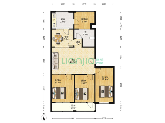 城隍庙社区二建宿舍 3室2厅1卫 94平方