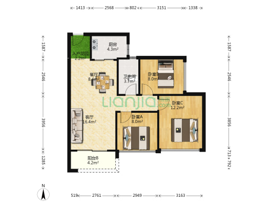 祥利花园 3室2厅1卫 84平方