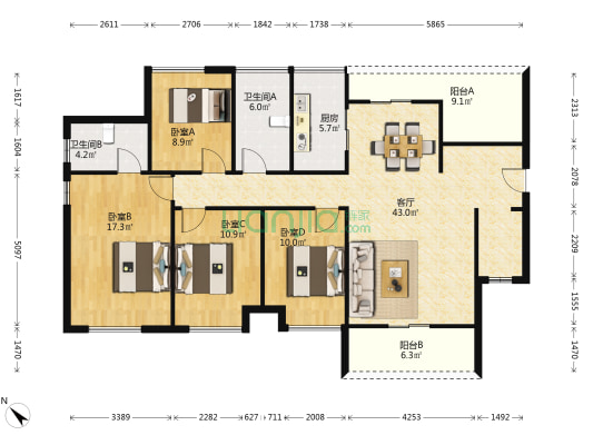 德威江誉城1期 4室1厅2卫 141平方