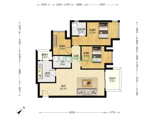 金辉玖珑云璟 3室1厅2卫 88平方
