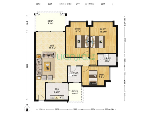 盛华园 3室1厅2卫 125平方