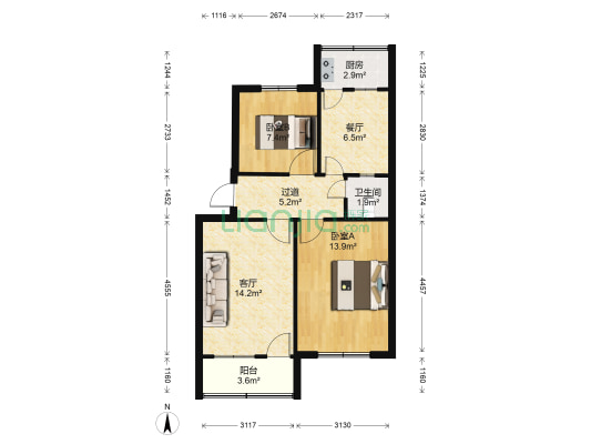 中国工商银行小区 2室2厅1卫 68平方